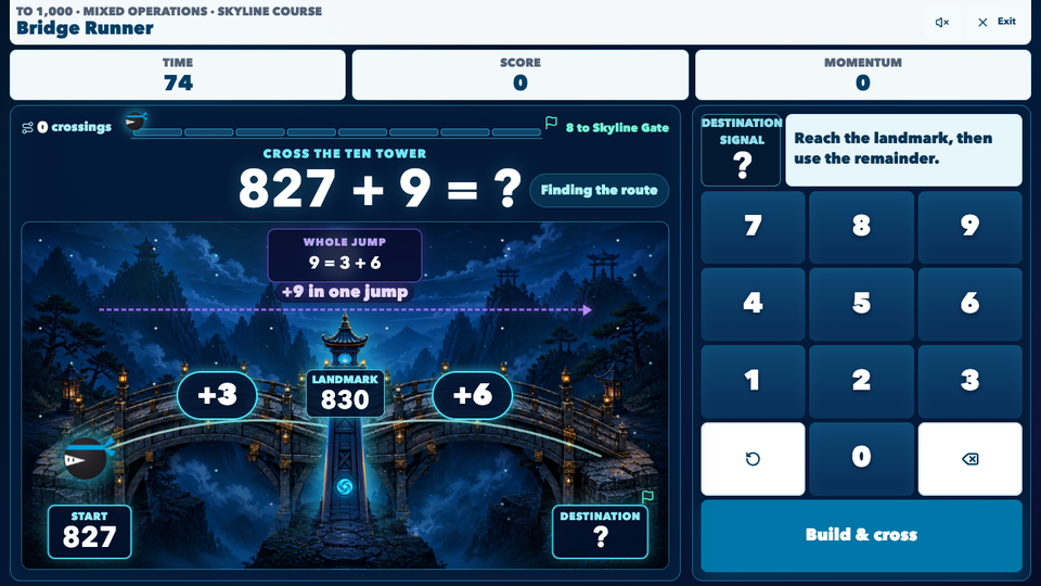 Bridge Runner gameplay showing a Samurai Sums ninja ready to cross two moonlit number-line bridge spans through a landmark tower.