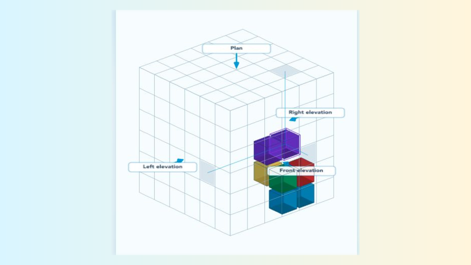 Mid-play screenshot of Cube Quest showing a coloured 3D cube model and projection clues.