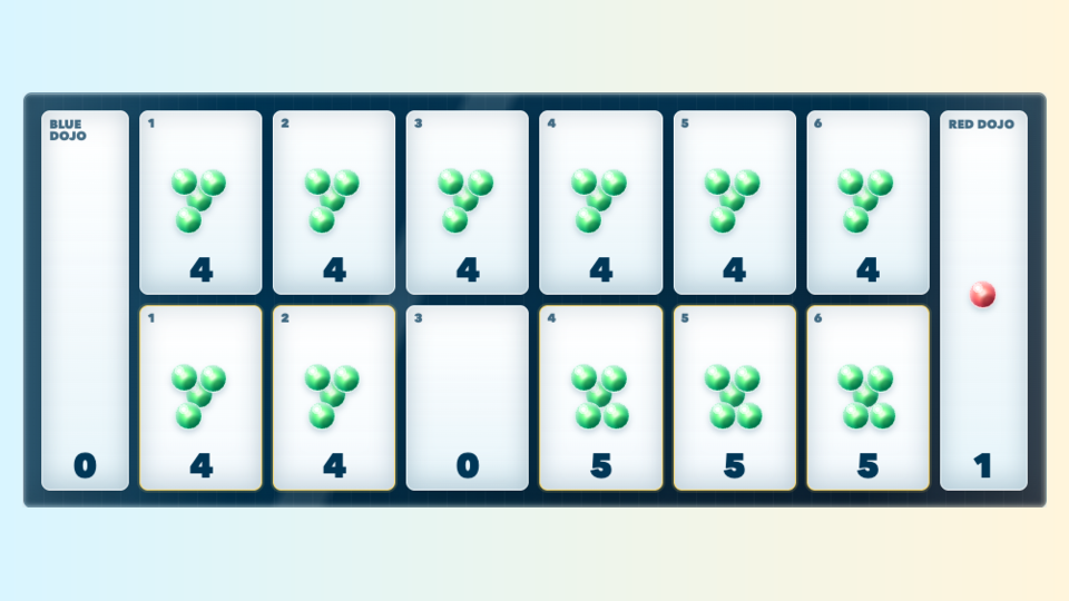 Mid-play screenshot of Gem Capture showing the sowing board, dojo stores and bowl controls.