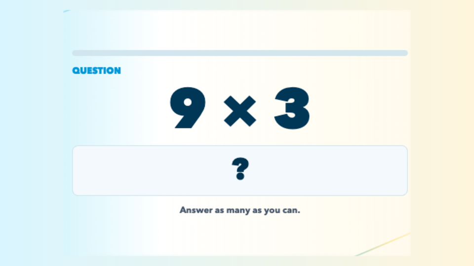 Mid-play screenshot of a multiplication question and on-screen keypad in Times Tables Lightning Streaks.