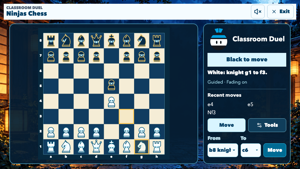 Ninjas Chess gameplay in a lantern-lit dojo with original ninja chess pieces.