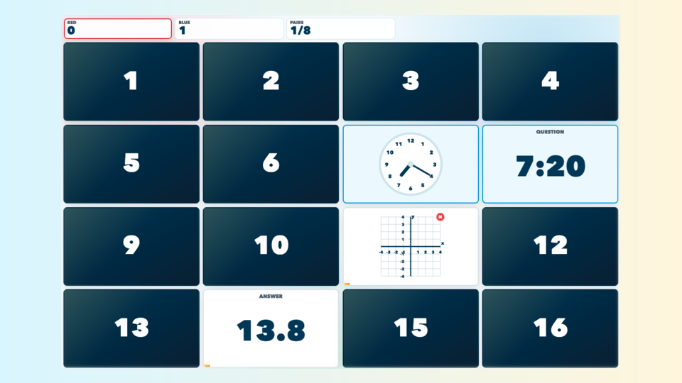 Mid-play screenshot of Pair Power showing a matching-pairs board with cards flipped.