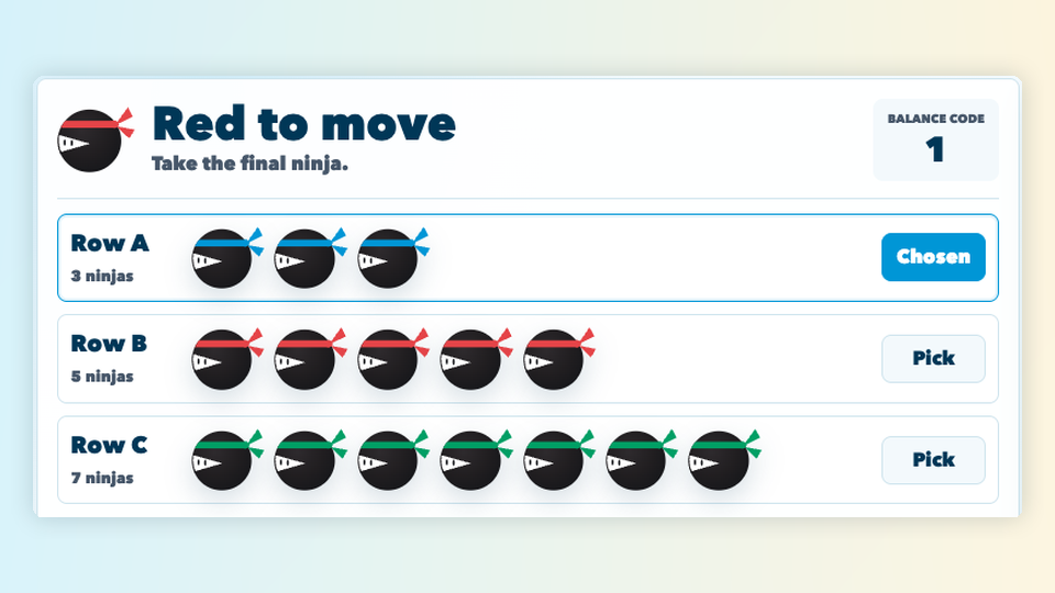 Mid-play screenshot of Take Away showing rows of ninjas and controls for choosing how many to take.