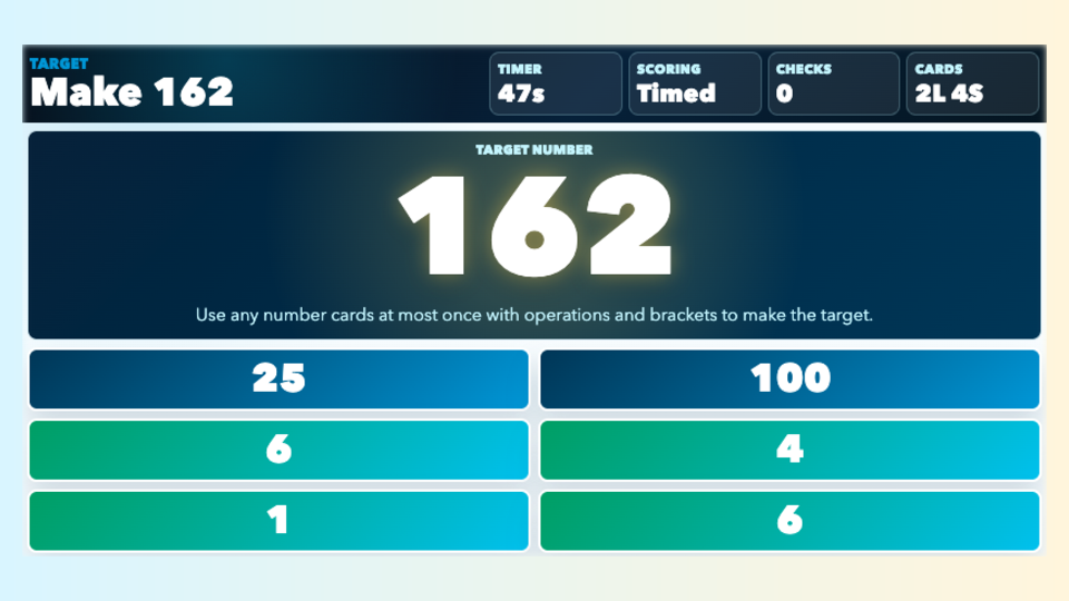 Mid-play screenshot of Target showing the target number, number cards and operation buttons.