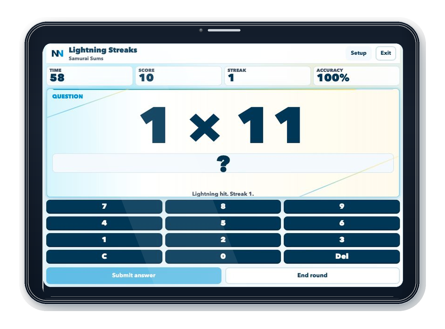 Times Tables Lightning Streaks open full screen on a landscape tablet.